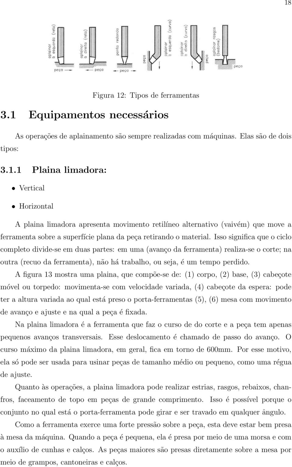 A figura 13 mostra uma plaina, que compõe-se de: (1) corpo, (2) base, (3) cabeçote móvel ou torpedo: movimenta-se com velocidade variada, (4) cabeçote da espera: pode ter a altura variada ao qual