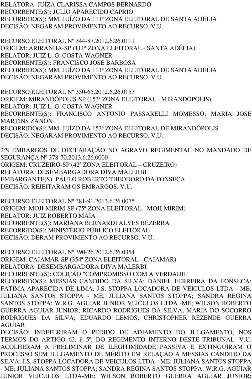 0153 ORIGEM: MIRANDÓPOLIS-SP (153ª ZONA ELEITORAL - MIRANDÓPOLIS) RECORRENTE(S): FRANCISCO ANTONIO PASSARELLI MOMESSO; MARIA JOSÉ MARTINS ZANON RECORRIDO(S): MM.