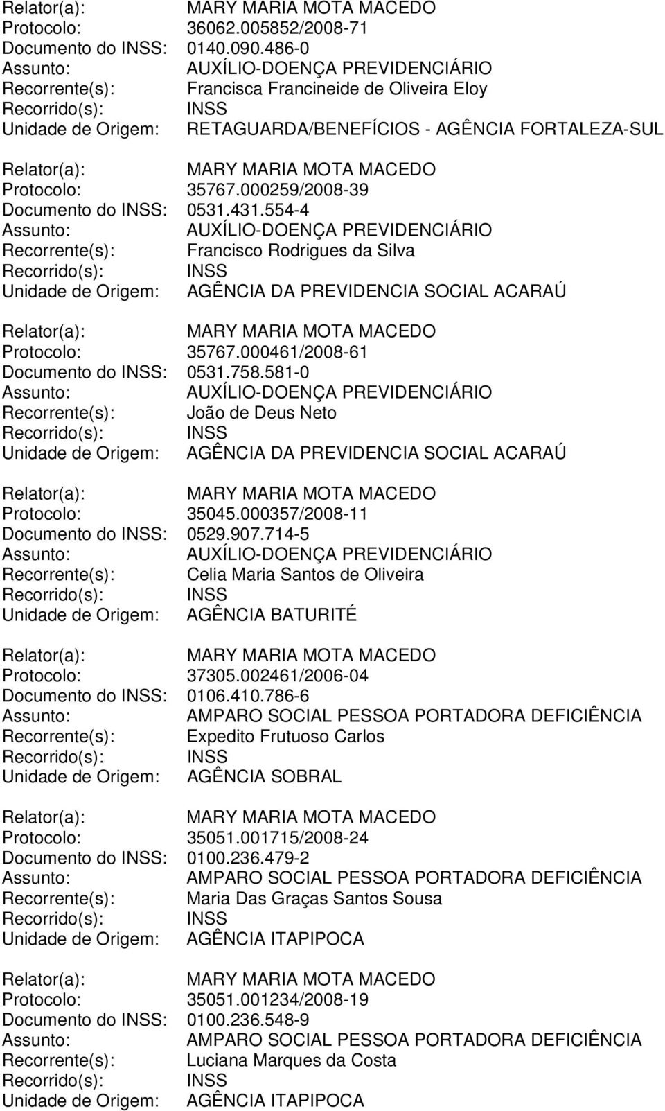 554-4 Recorrente(s): Francisco Rodrigues da Silva Unidade de Origem: AGÊNCIA DA PREVIDENCIA SOCIAL ACARAÚ Protocolo: 35767.000461/2008-61 Documento do INSS: 0531.758.