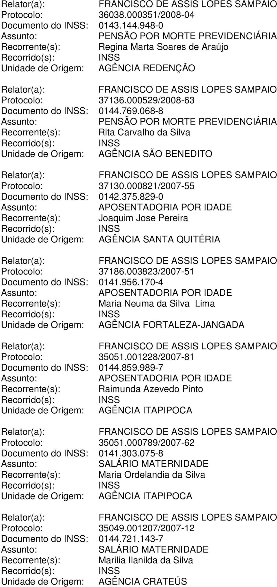 000821/2007-55 Documento do INSS: 0142.375.829-0 Recorrente(s): Joaquim Jose Pereira Unidade de Origem: AGÊNCIA SANTA QUITÉRIA Protocolo: 37186.003823/2007-51 Documento do INSS: 0141.956.