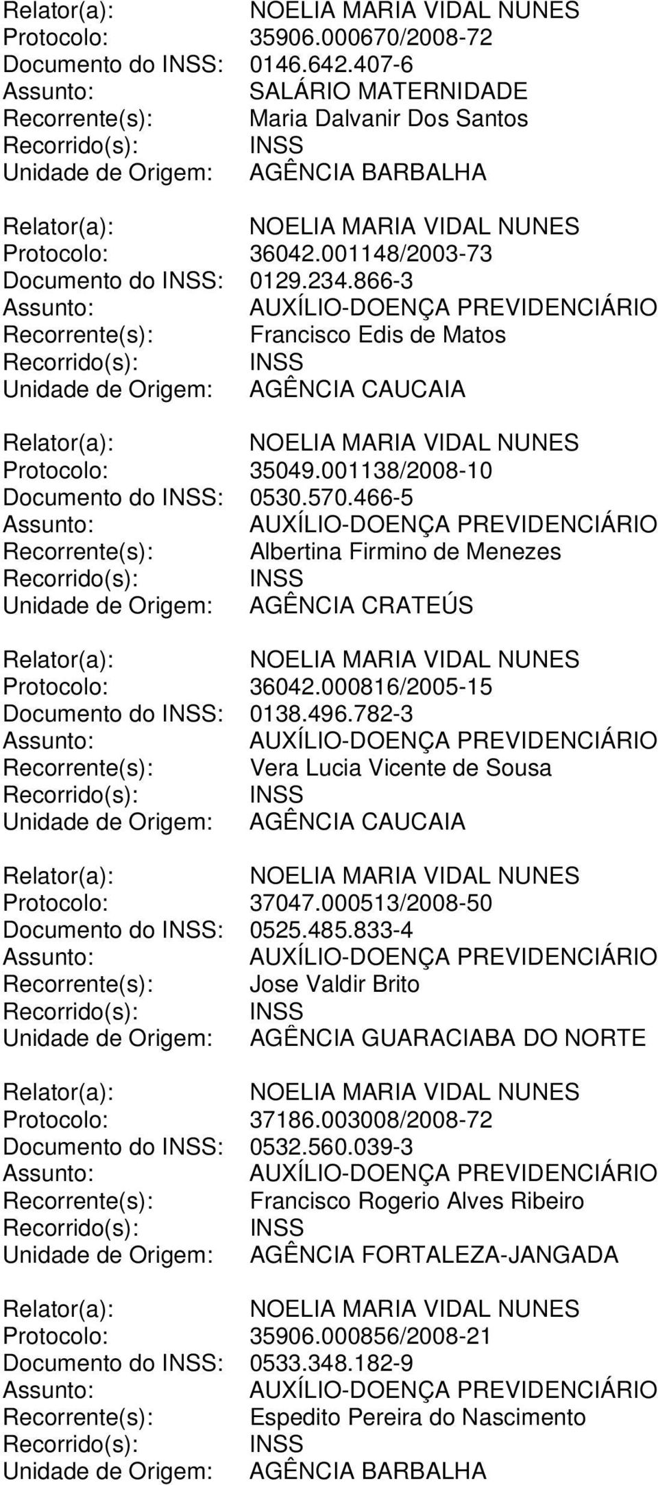 466-5 Recorrente(s): Albertina Firmino de Menezes Unidade de Origem: AGÊNCIA CRATEÚS Protocolo: 36042.000816/2005-15 Documento do INSS: 0138.496.