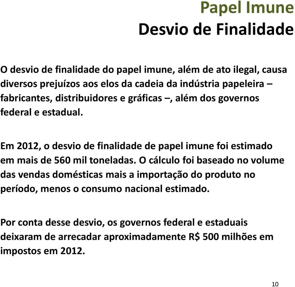 Em 2012, o desvio de finalidade de papel imune foi estimado em mais de 560 mil toneladas.