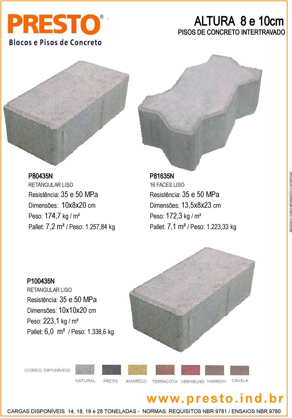 257,84 kg P81635N 16 FACES LISO Resistência: 35 e 50 MPa Dimensões: 13,5x8x23 cm Peso: 172,3 kg / m² Pallet: 7,1 m² / Peso: 1.