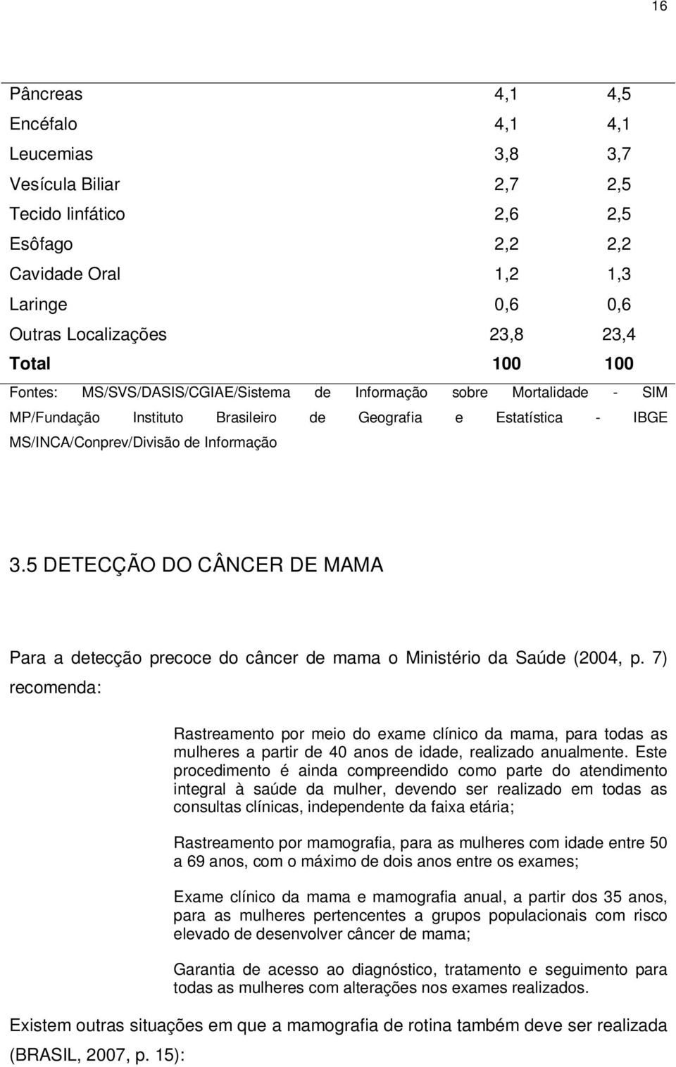 5 DETECÇÃO DO CÂNCER DE MAMA Para a detecção precoce do câncer de mama o Ministério da Saúde (2004, p.