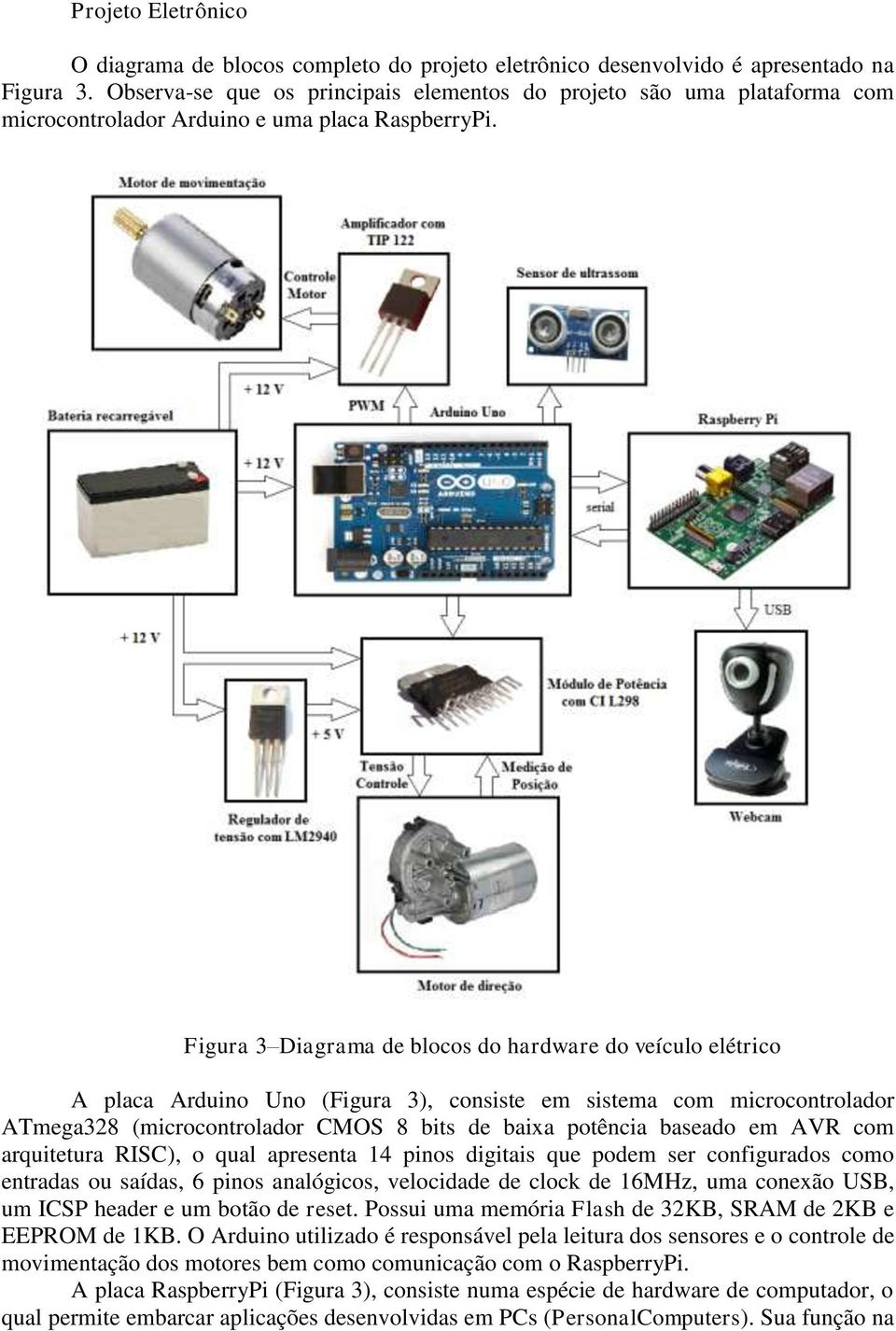 Figura 3 Diagrama de blocos do hardware do veículo elétrico A placa Arduino Uno (Figura 3), consiste em sistema com microcontrolador ATmega328 (microcontrolador CMOS 8 bits de baixa potência baseado