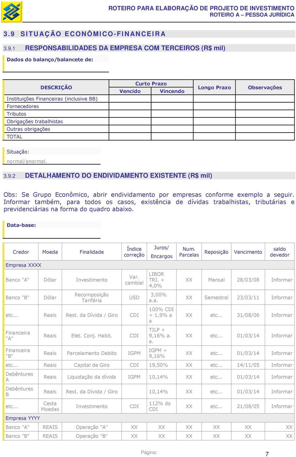 2 DETALHAMENTO DO ENDIVIDAMENTO EXISTENTE (R$ mil) Obs: Se Grupo Econômico, abrir endividamento por empresas conforme exemplo a seguir.