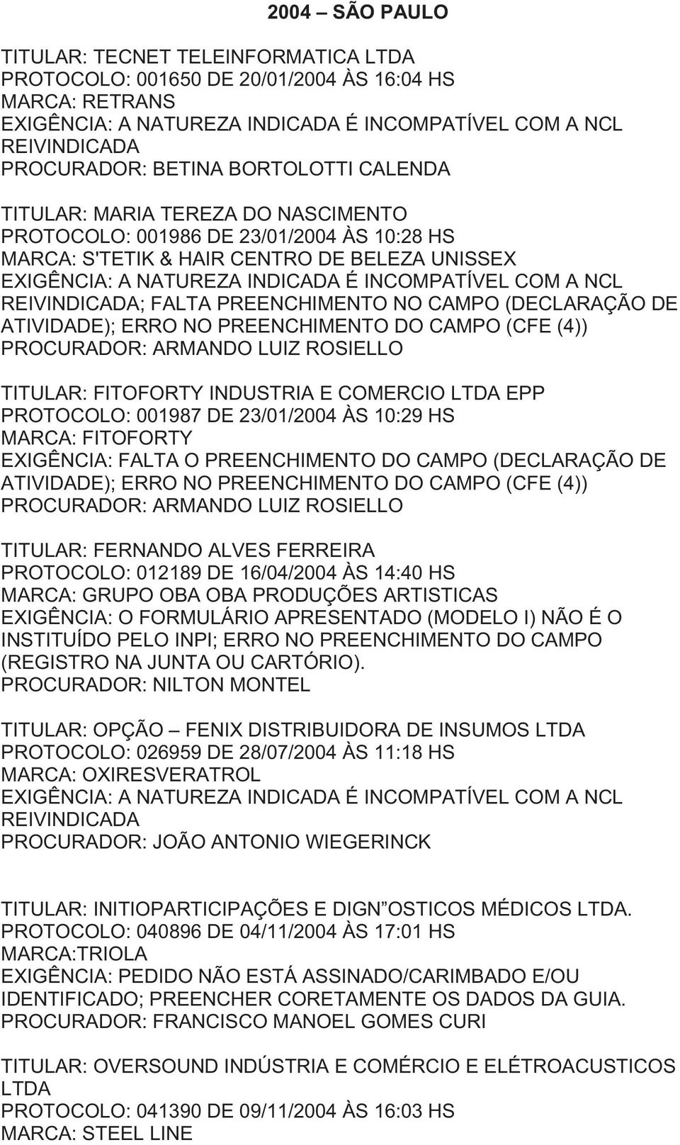 (4)) PROCURADOR: ARMANDO LUIZ ROSIELLO TITULAR: FITOFORTY INDUSTRIA E COMERCIO LTDA EPP PROTOCOLO: 001987 DE 23/01/2004 ÀS 10:29 HS MARCA: FITOFORTY EXIGÊNCIA: FALTA O PREENCHIMENTO DO CAMPO