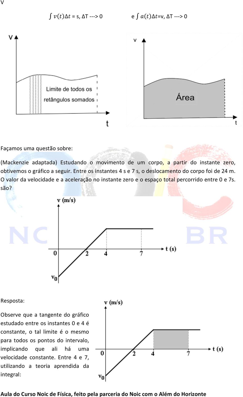 O valor da velocidade e a aceleração no instante zero e o espaço total percorrido entre 0 e 7s. são?