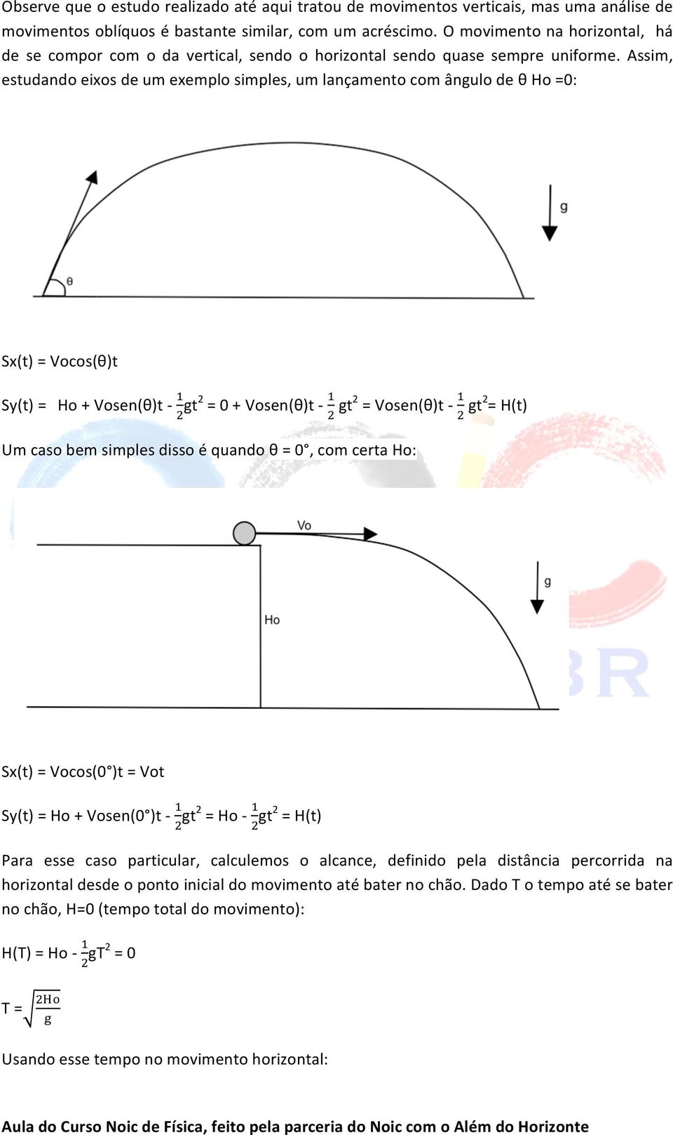 Assim, estudando eixos de um exemplo simples, um lançamento com ângulo de θ Ho =0: Sx(t) = Vocos(θ)t Sy(t) = Ho + Vosen(θ)t - gt2 = 0 + Vosen(θ)t - gt2 = Vosen(θ)t - gt2 = H(t) Um caso bem simples