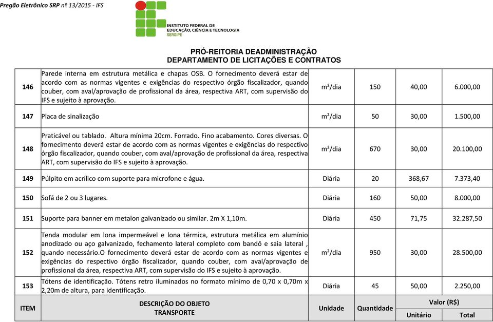 do IFS e sujeito à aprovação. m²/dia 150 40,00 6.000,00 147 Placa de sinalização m²/dia 50 30,00 1.500,00 148 Praticável ou tablado. Altura mínima 20cm. Forrado. Fino acabamento. Cores diversas.