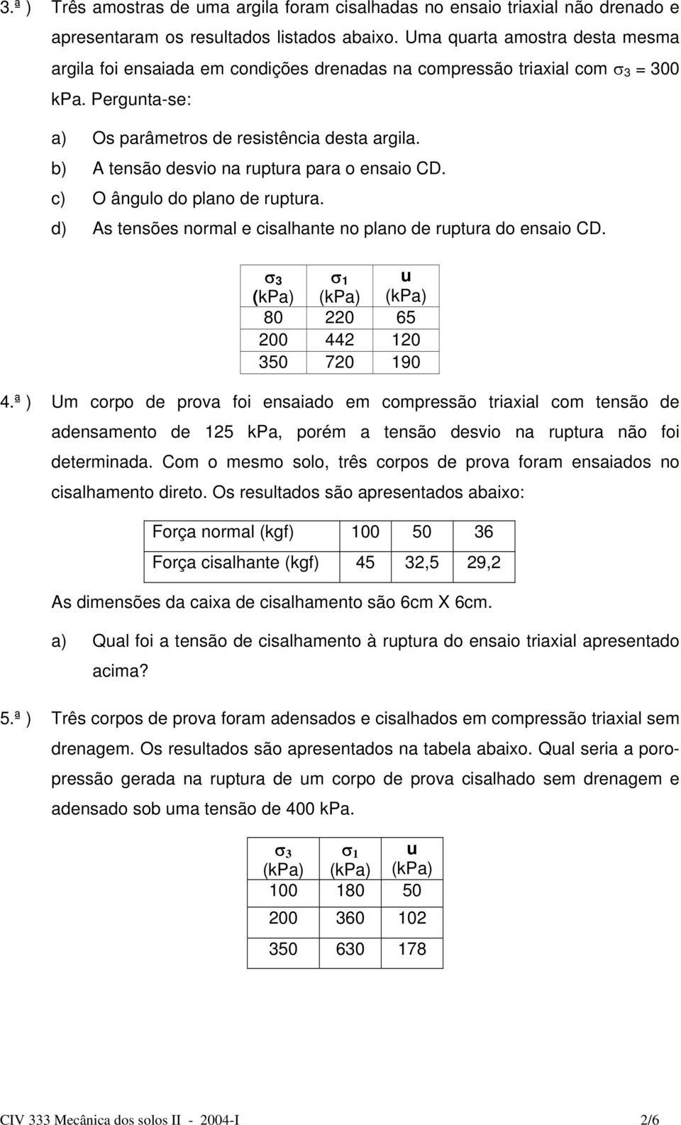 b) A tensã desvi na ruptura para ensai CD. c) O ângul d plan de ruptura. d) As tensões nrmal e cisalhante n plan de ruptura d ensai CD. σ 1 u 80 220 65 200 442 120 350 720 190 4.