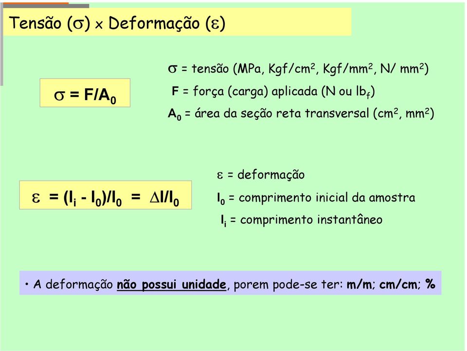 ) ε = deformação ε = (l i -l 0 )/l 0 = l/l 0 l 0 = comprimento inicial da amostra l i =