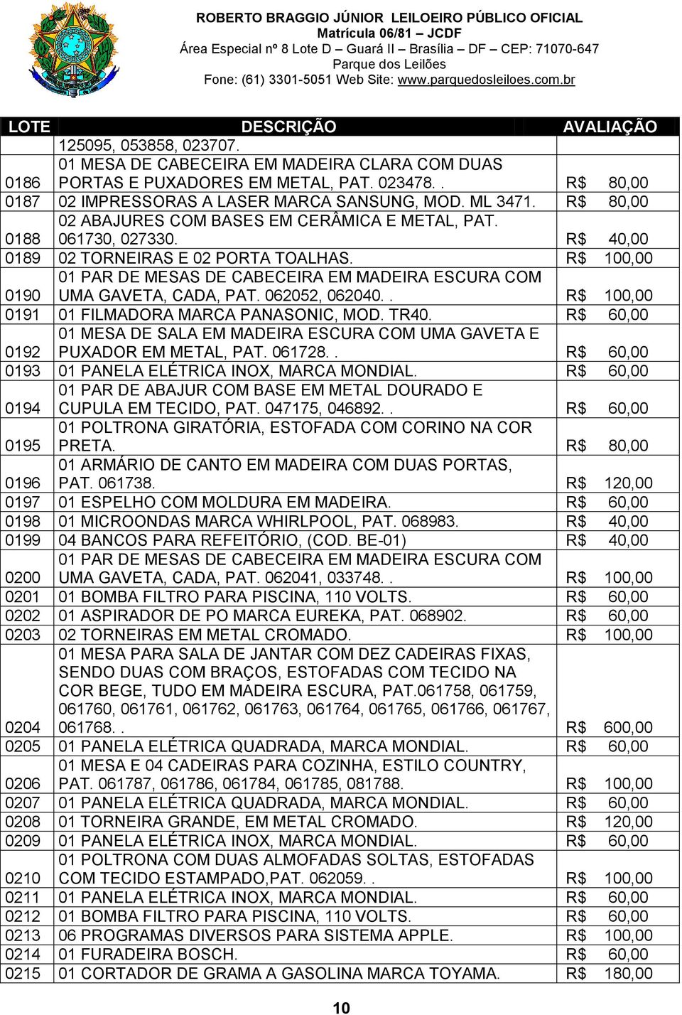 R$ 100,00 0190 01 PAR DE MESAS DE CABECEIRA EM MADEIRA ESCURA COM UMA GAVETA, CADA, PAT. 062052, 062040.. R$ 100,00 0191 01 FILMADORA MARCA PANASONIC, MOD. TR40.