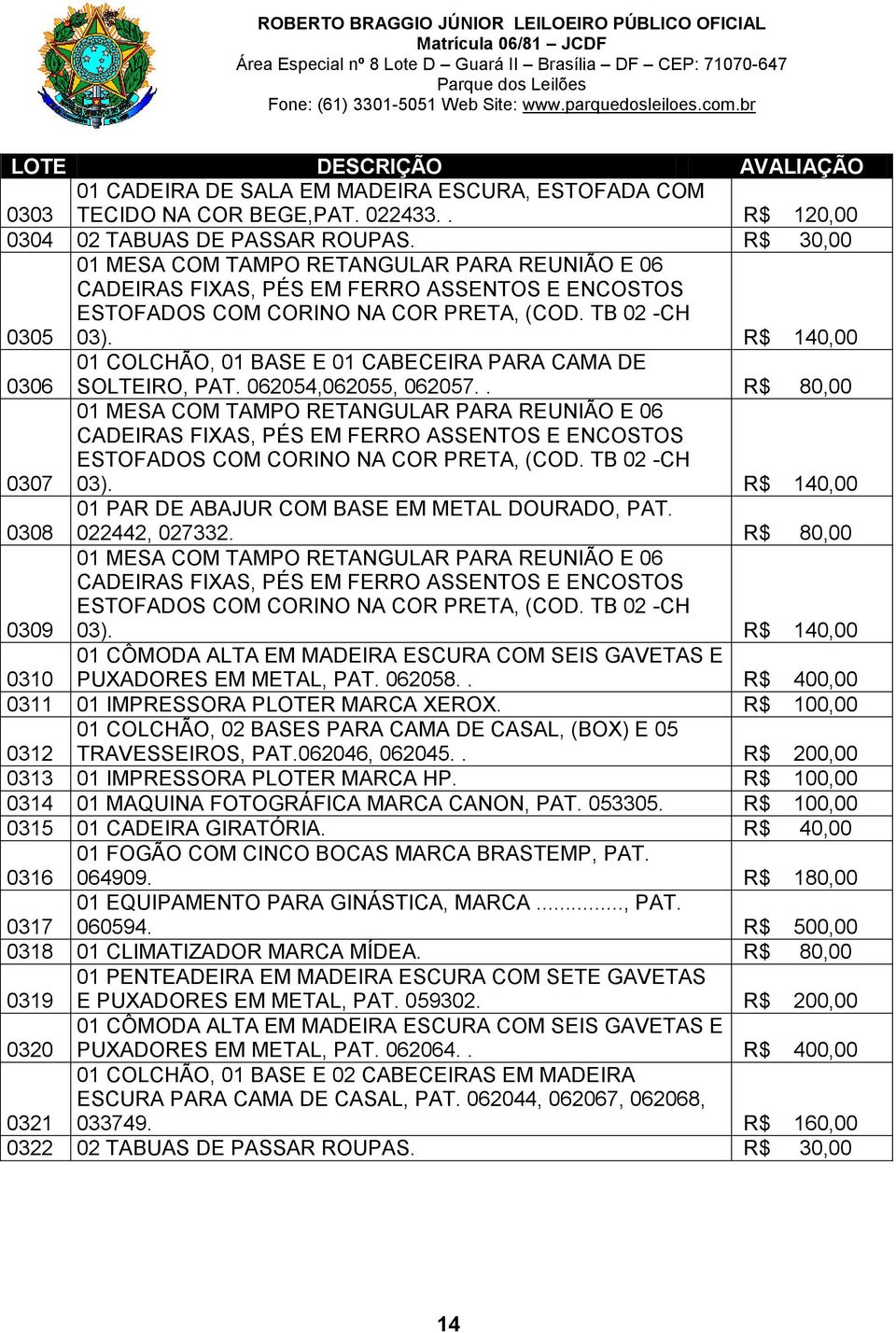 R$ 140,00 0308 01 PAR DE ABAJUR COM BASE EM METAL DOURADO, PAT. 022442, 027332. R$ 80,00 0309 01 MESA COM TAMPO RETANGULAR PARA REUNIÃO E 06 03).