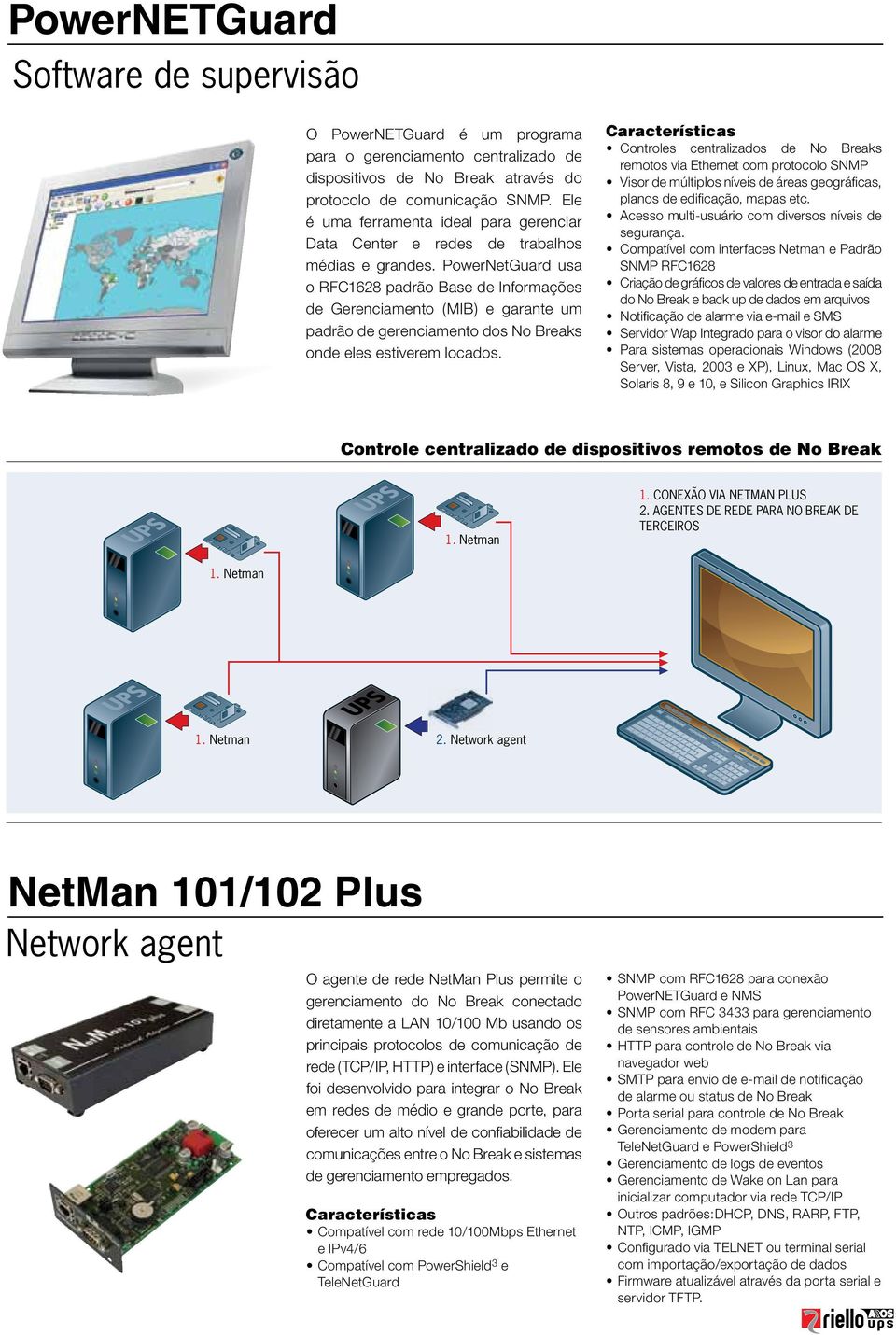 PowerNetGuard usa o RFC1628 padrão Base de Informações de Gerenciamento (MIB) e garante um padrão de gerenciamento dos No Breaks onde eles estiverem locados.