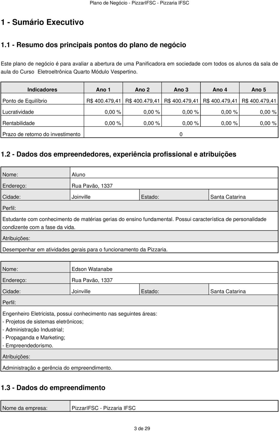 Quarto Módulo Vespertino. Indicadores Ano 1 Ano 2 Ano 3 Ano 4 Ano 5 Ponto de Equilíbrio R$ 400.479,41 R$ 400.