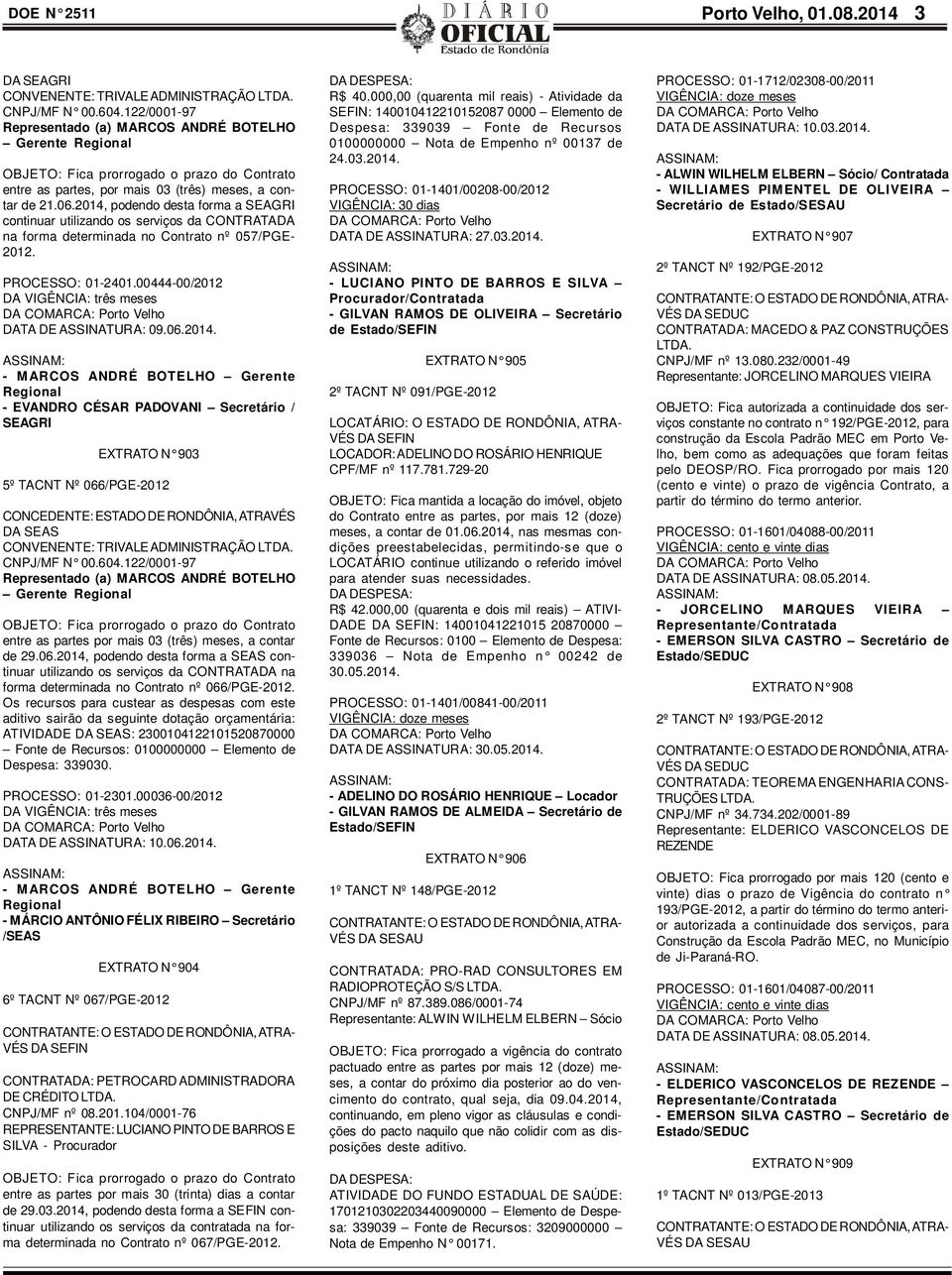 2014, podendo desta forma a SEAGRI continuar utilizando os serviços da CONTRATADA na forma determinada no Contrato nº 057/PGE- 2012. PROCESSO: 01-2401.