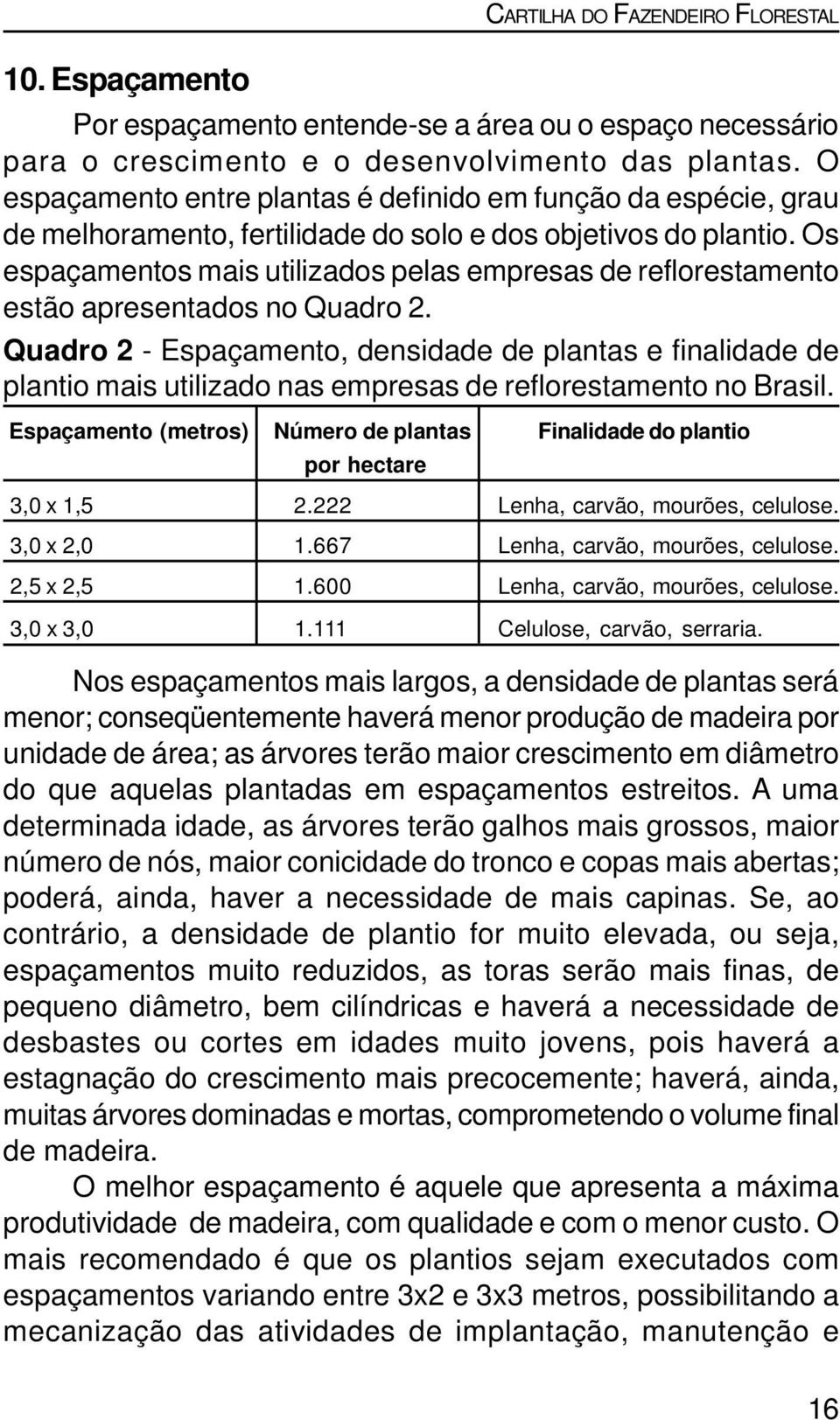 Os espaçamentos mais utilizados pelas empresas de reflorestamento estão apresentados no Quadro 2.