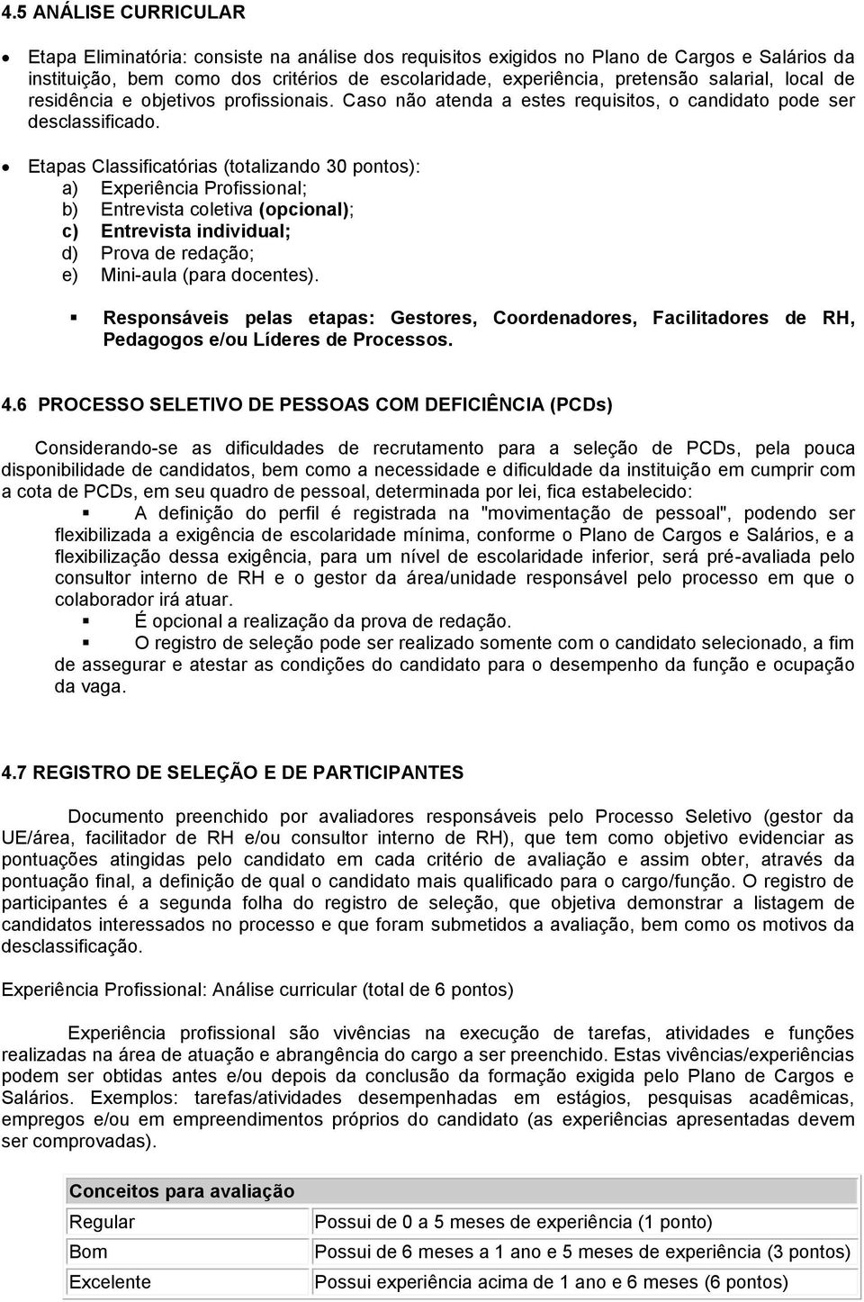 Etapas Classificatórias (totalizando 30 pontos): a) Experiência Profissional; b) Entrevista coletiva (opcional); c) Entrevista individual; d) Prova de redação; e) Mini-aula (para docentes).