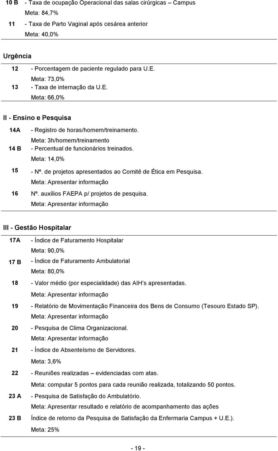 Meta: 14,0% 15 - Nº. de projetos apresentados ao Comitê de Ética em Pesquisa. Meta: Apresentar informação 16 Nº. auxílios FAEPA p/ projetos de pesquisa.