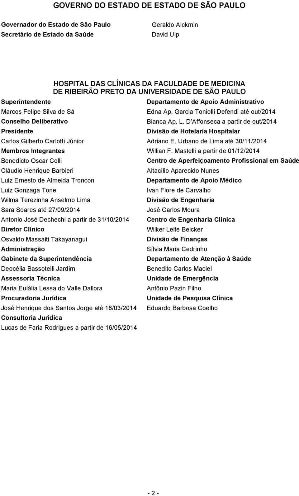 L. D Affonseca a partir de out/2014 Divisão de Hotelaria Hospitalar Carlos Gilberto Carlotti Júnior Adriano E. Urbano de Lima até 30/11/2014 Membros Integrantes Willian F.