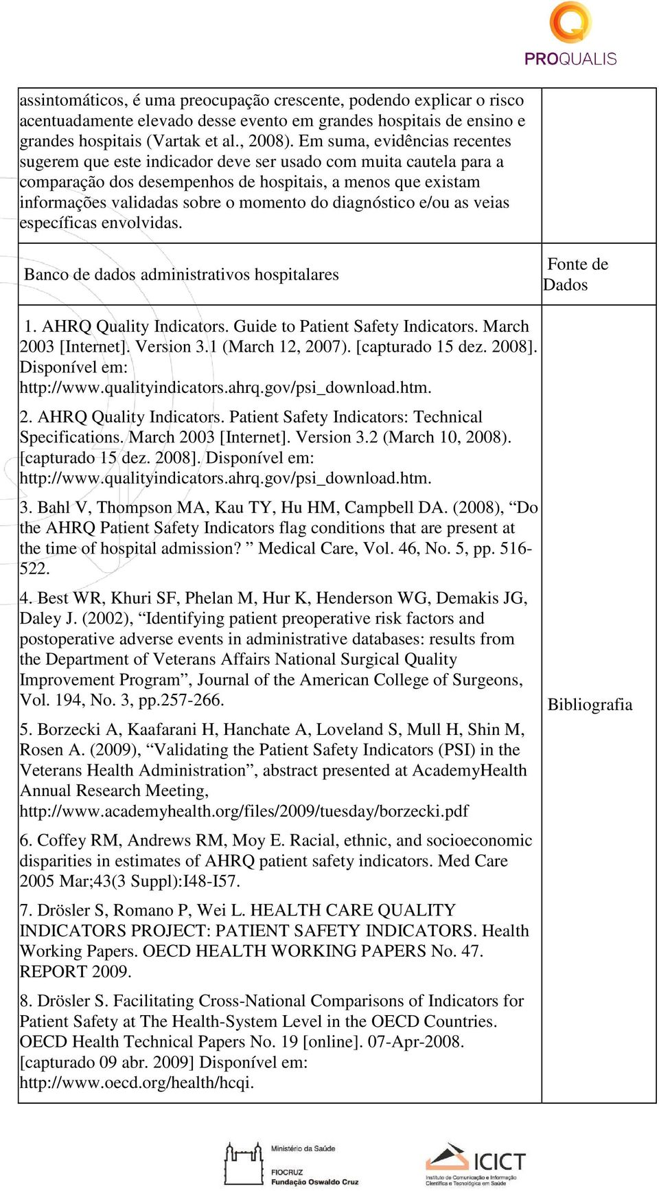 diagnóstico e/ou as veias específicas envolvidas. Banco de dados administrativos hospitalares Fonte de Dados 1. AHRQ Quality Indicators. Guide to Patient Safety Indicators. March 2003 [Internet].