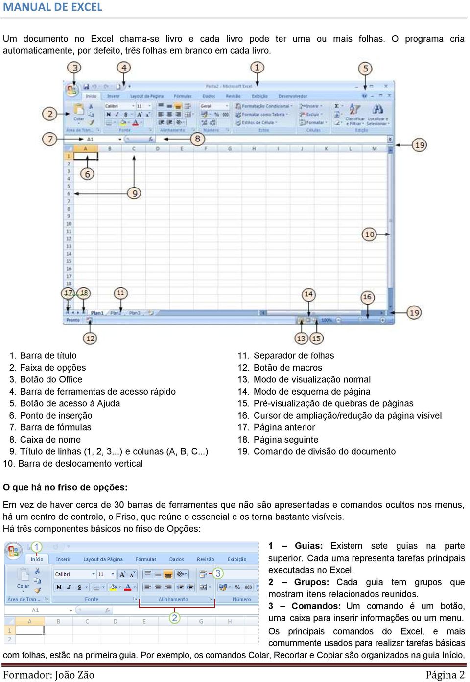 ..) e colunas (A, B, C...) 10. Barra de deslocamento vertical 11. Separador de folhas 12. Botão de macros 13. Modo de visualização normal 14. Modo de esquema de página 15.