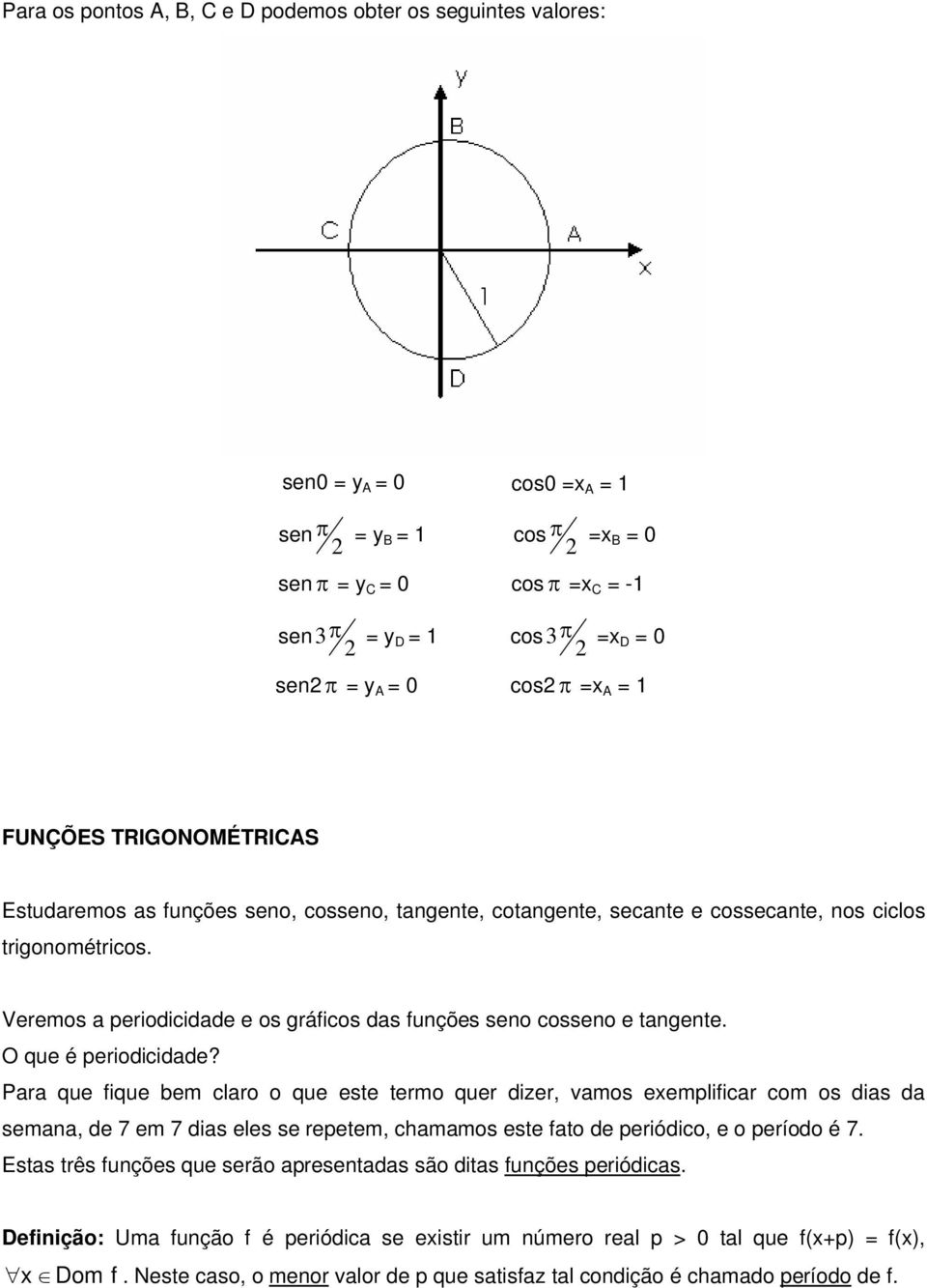 O que é periodicidde? Pr que fique bem clro o que este termo quer dizer, vmos exemplificr com os dis d semn, de 7 em 7 dis eles se repetem, chmmos este fto de periódico, e o período é 7.