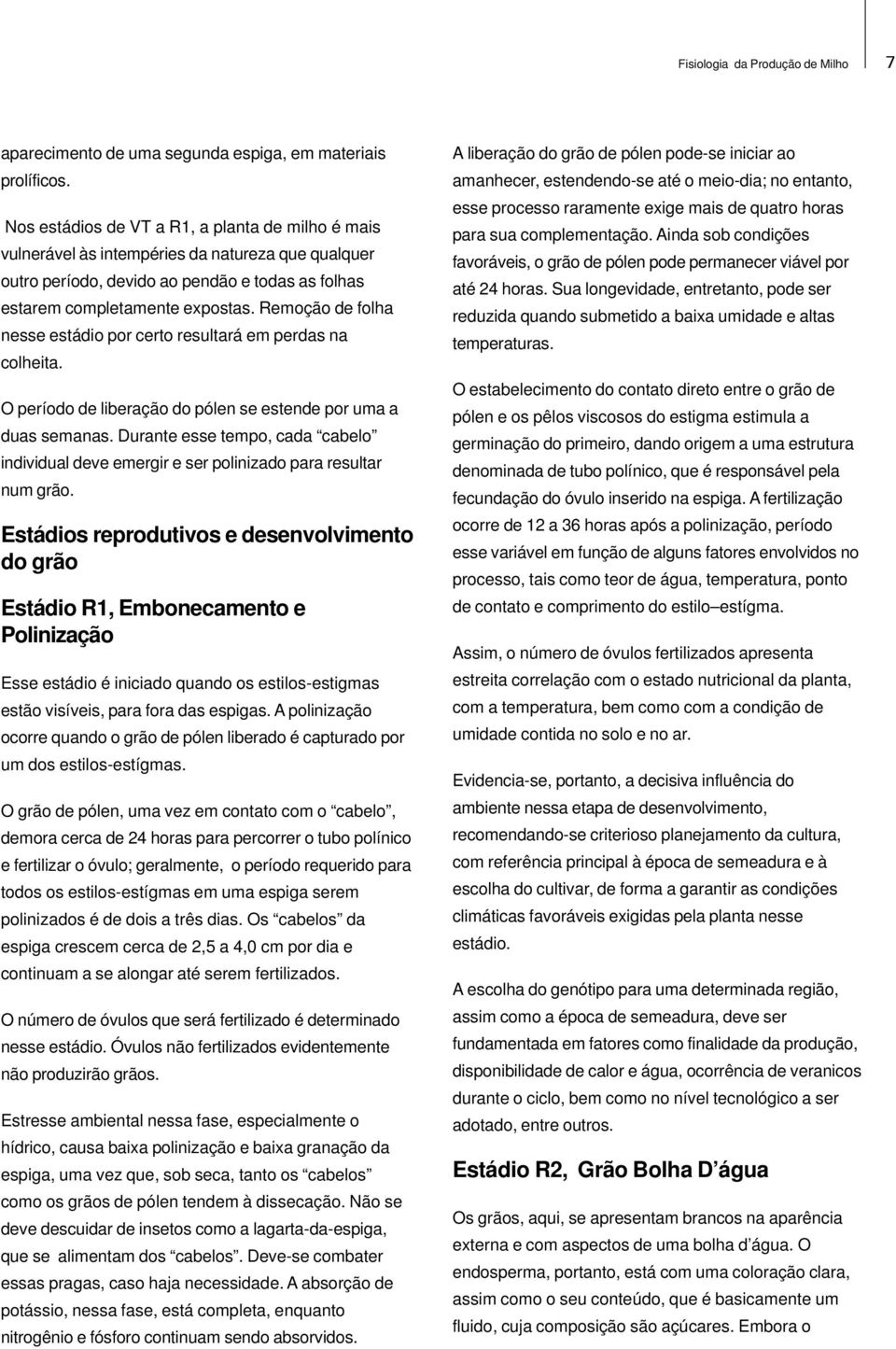 Remoção de folha nesse estádio por certo resultará em perdas na colheita. O período de liberação do pólen se estende por uma a duas semanas.