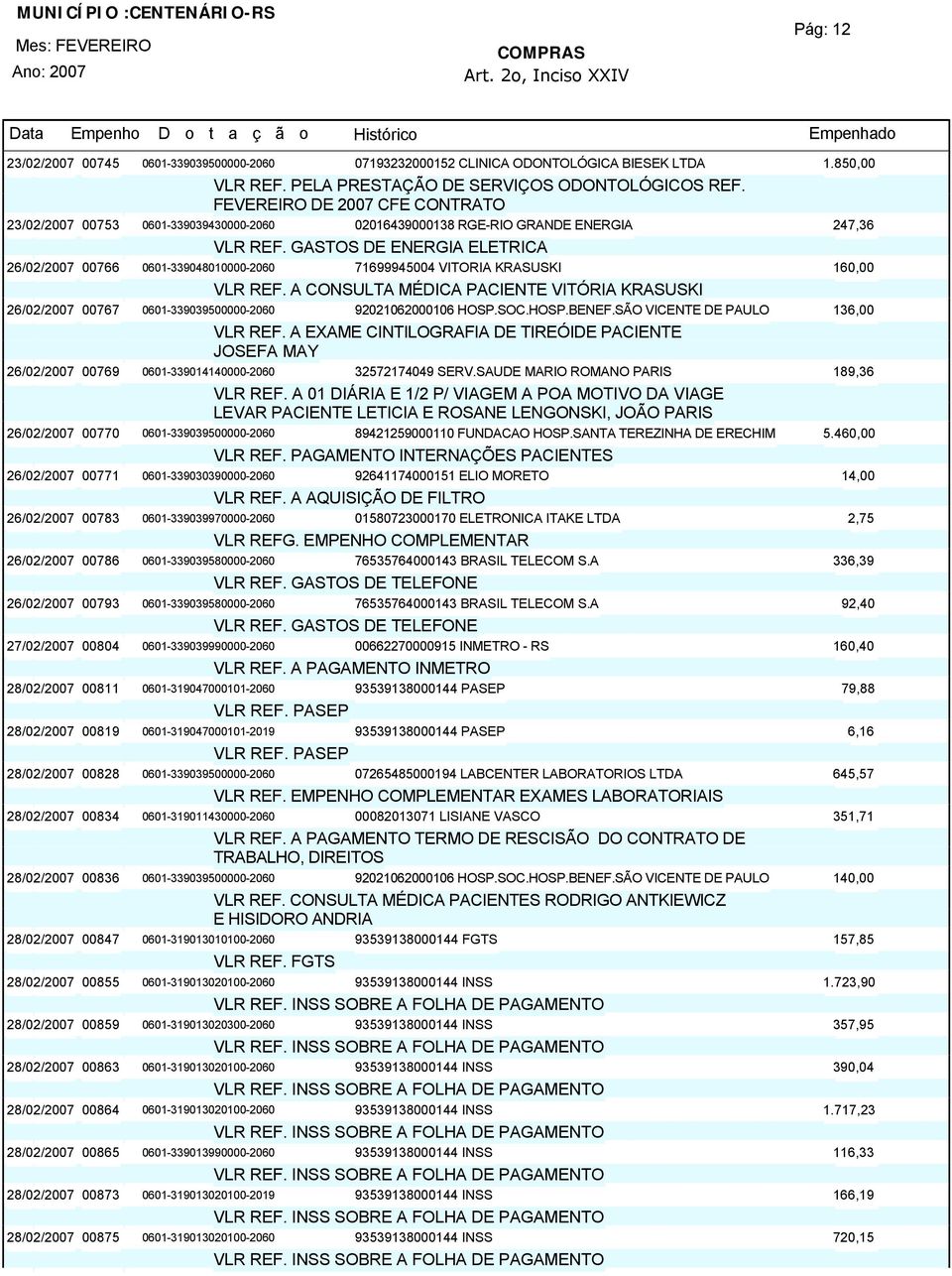 GASTOS DE ENERGIA ELETRICA 26/02/200700766 0601-339048010000-2060 71699945004 VITORIA KRASUSKI 160,00 VLR REF.