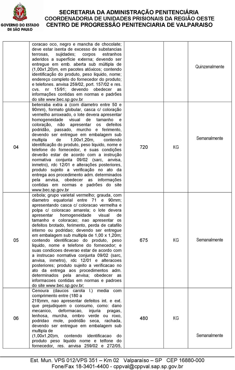 157/02 e res. cvs. nr 15/91; devendo obedecer as informações contidas em normas e padrões do site www.bec.sp.gov.