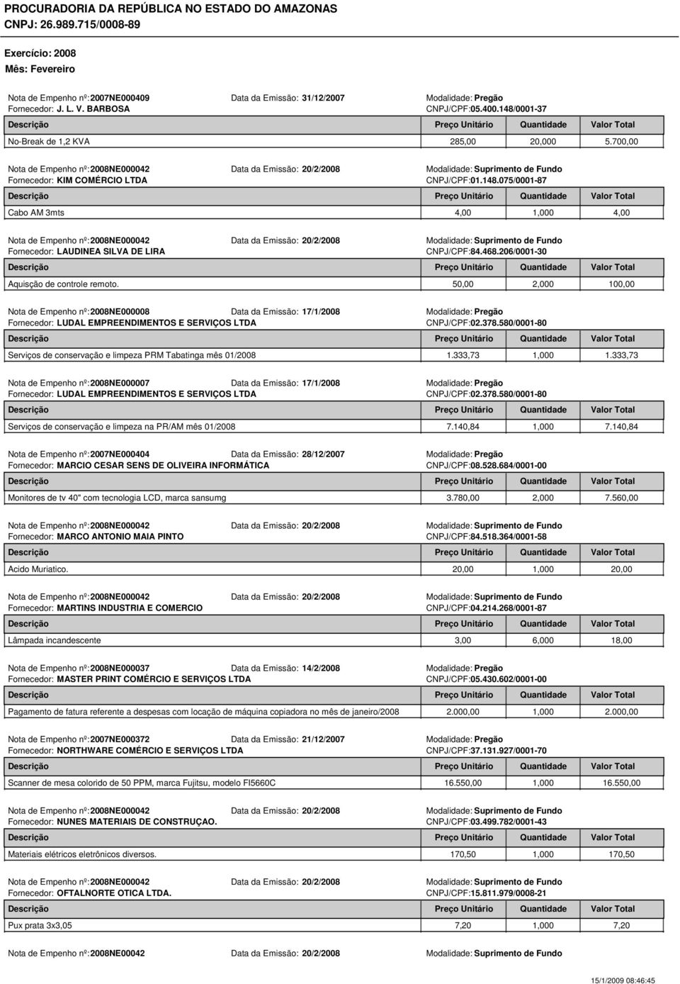 075/0001-87 Cabo AM 3mts 4,00 1,000 4,00 Nota de Empenho nº:2008ne000042 Data da Emissão: 20/2/2008 Modalidade: Suprimento de Fundo Fornecedor: LAUDINEA SILVA DE LIRA CNPJ/CPF:84.468.