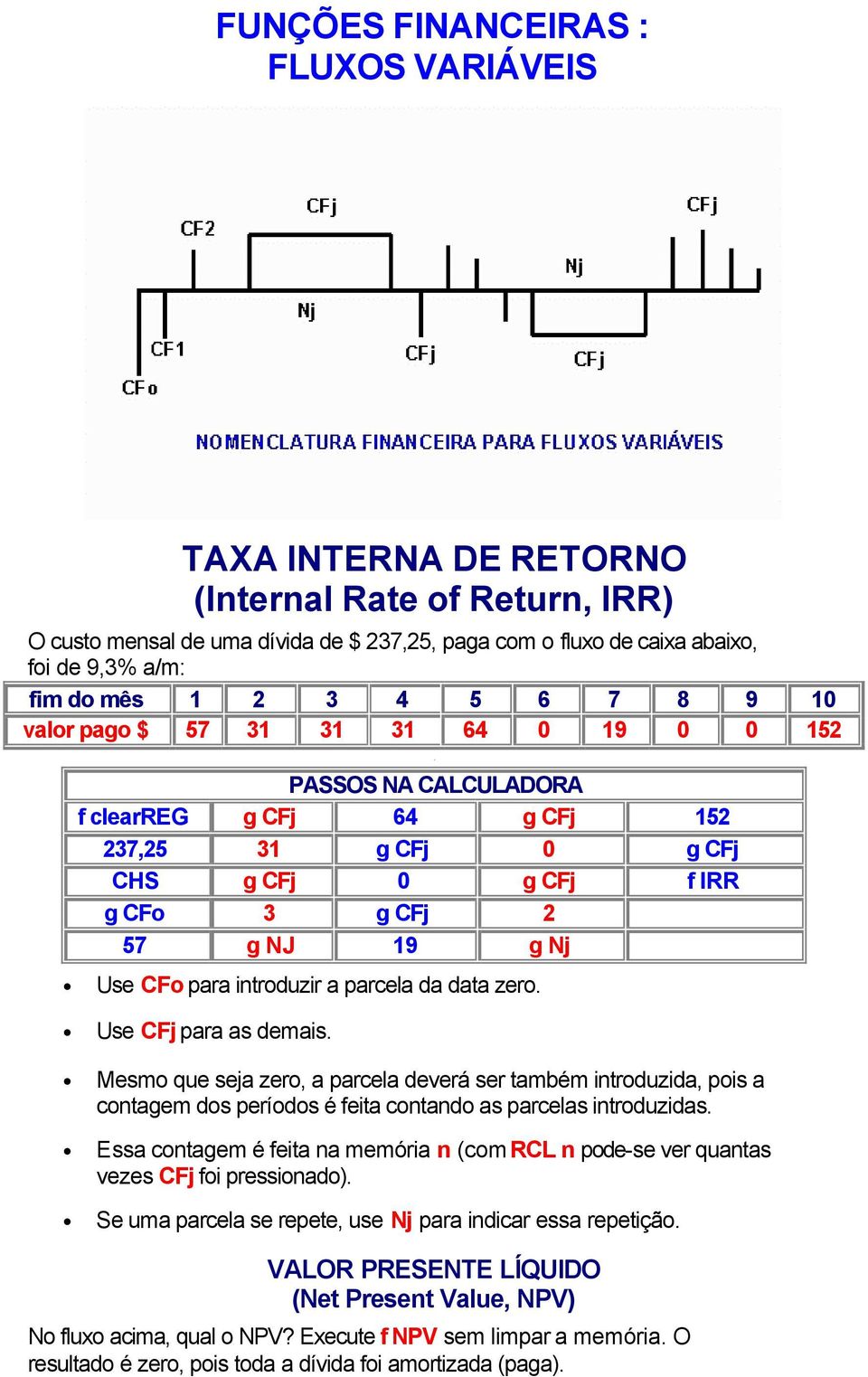 para introduzir a parcela da data zero. Use CFj para as demais. Mesmo que seja zero, a parcela deverá ser também introduzida, pois a contagem dos períodos é feita contando as parcelas introduzidas.