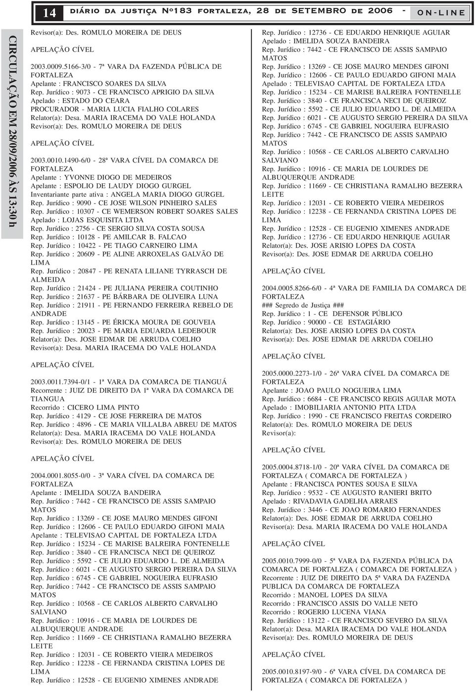 Jurídico : 9073 - CE FRANCISCO APRIGIO DA SILVA Apelado : ESTADO DO CEARA PROCURADOR - MARIA LUCIA FIALHO COLARES Relator(a): Desa. MARIA IRACEMA DO VALE HOLANDA Revisor(a): Des.