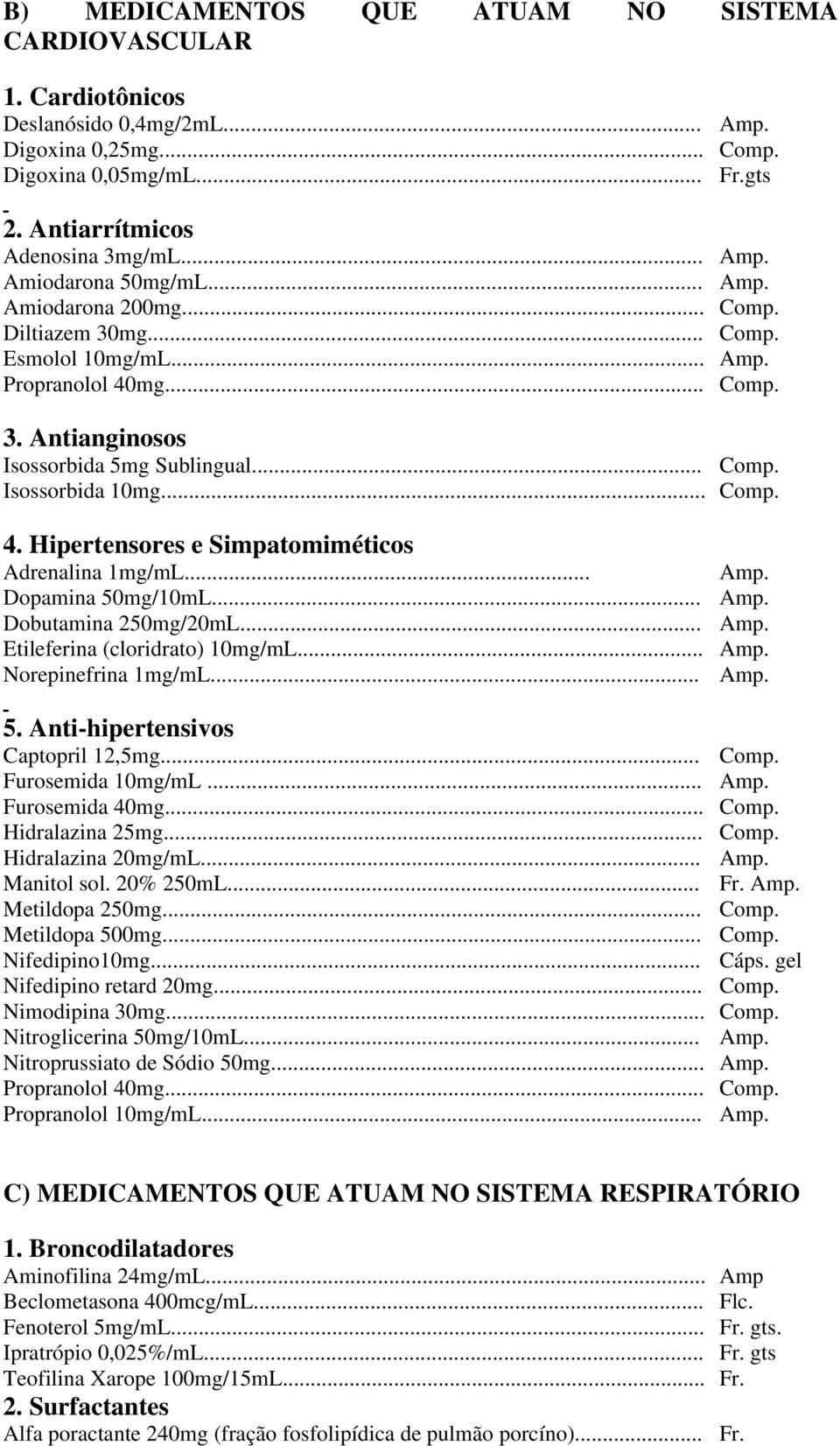 .. Amp. Dopamina 50mg/10mL... Amp. Dobutamina 250mg/20mL... Amp. Etileferina (cloridrato) 10mg/mL... Amp. Norepinefrina 1mg/mL... Amp. 5. Anti-hipertensivos Captopril 12,5mg... Comp.