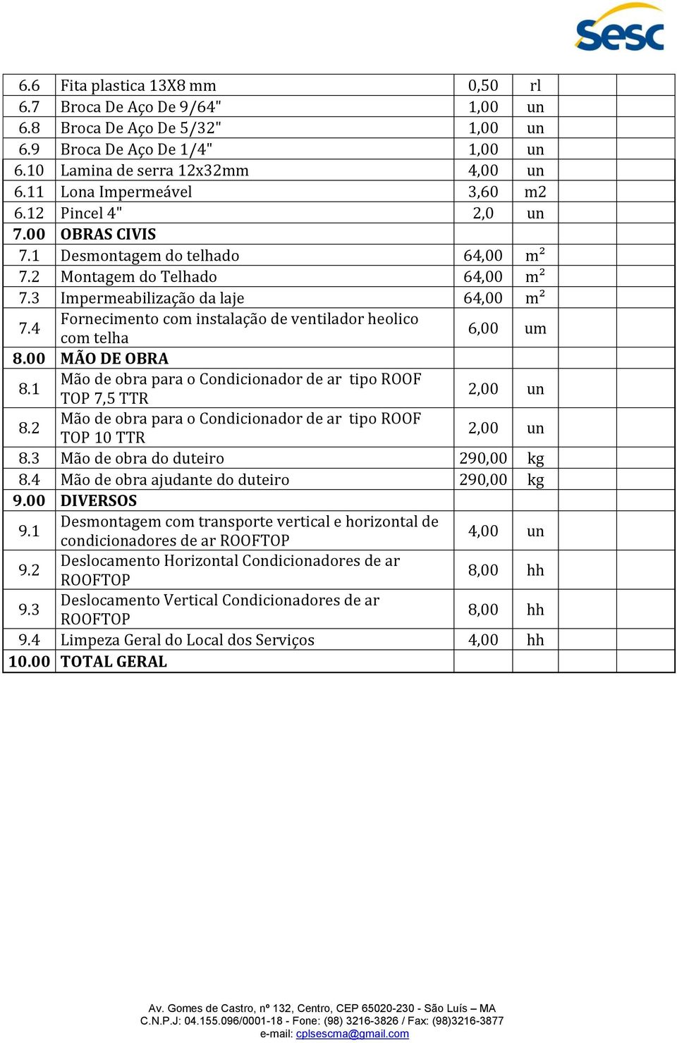 4 Fornecimento com instalação de ventilador heolico com telha 6,00 um 8.00 MÃO DE OBRA 8.1 Mão de obra para o Condicionador de ar tipo ROOF TOP 7,5 TTR 2,00 un 8.