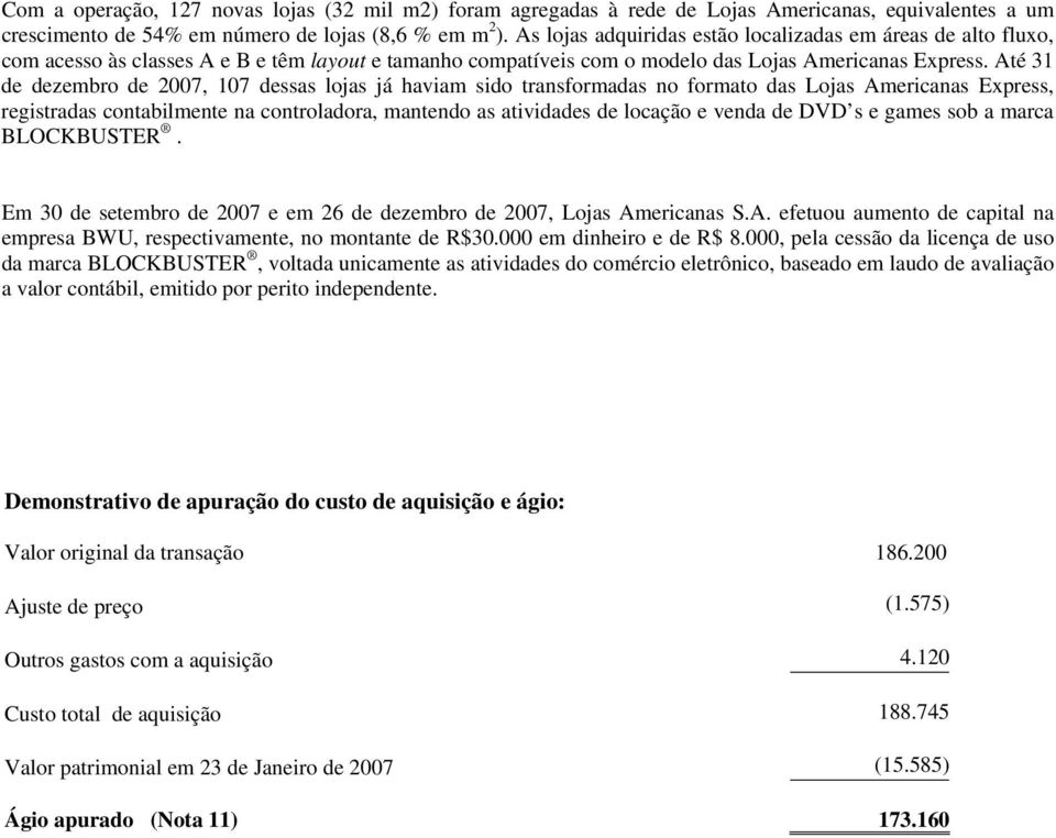 Até 31 de dezembro de 2007, 107 dessas lojas já haviam sido transformadas no formato das Lojas Americanas Express, registradas contabilmente na controladora, mantendo as atividades de locação e venda