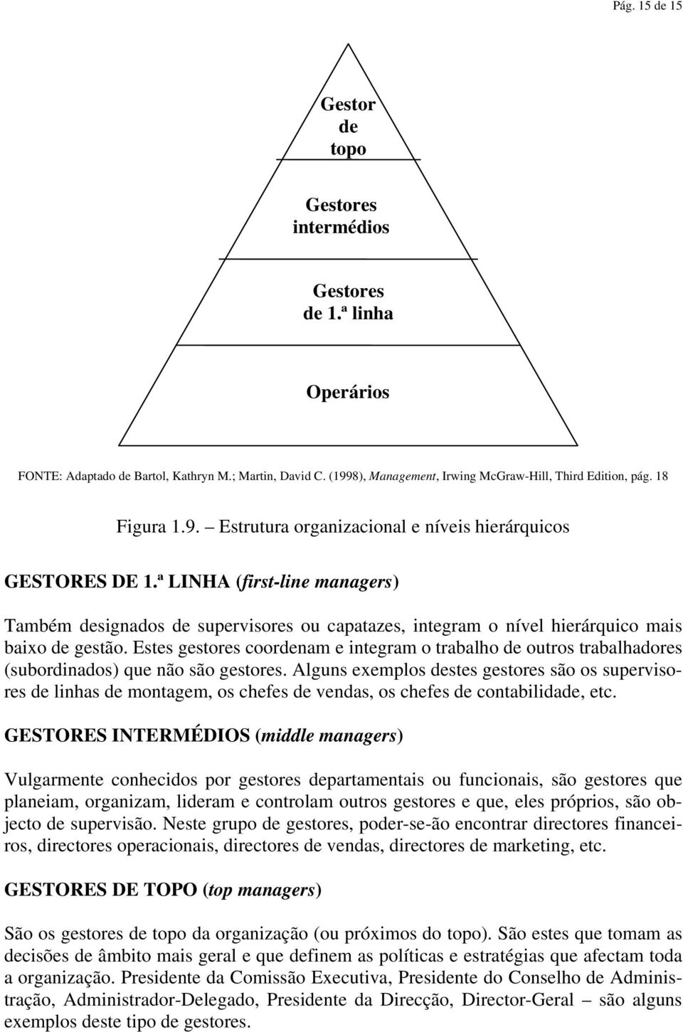 ª LINHA (first-line managers) Também designados de supervisores ou capatazes, integram o nível hierárquico mais baixo de gestão.