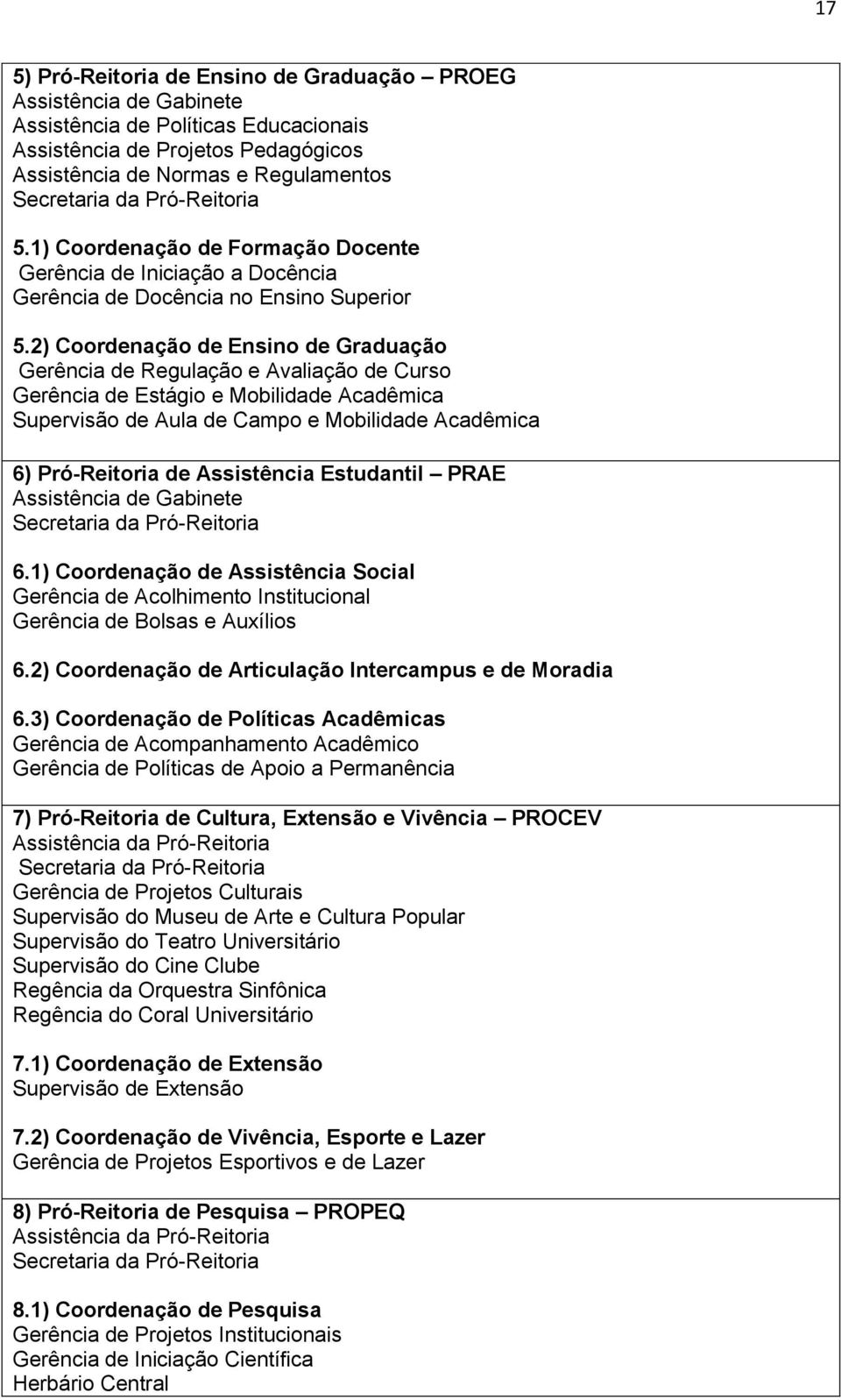 2) Coordenação de Ensino de Graduação Gerência de Regulação e Avaliação de Curso Gerência de Estágio e Mobilidade Acadêmica Supervisão de Aula de Campo e Mobilidade Acadêmica 6) Pró-Reitoria de