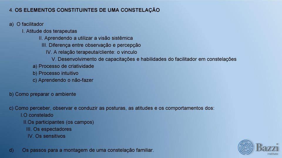 Desenvolvimento de capacitações e habilidades do facilitador em constelações a) Processo de criatividade b) Processo intuitivo c) Aprendendo o não-fazer b)