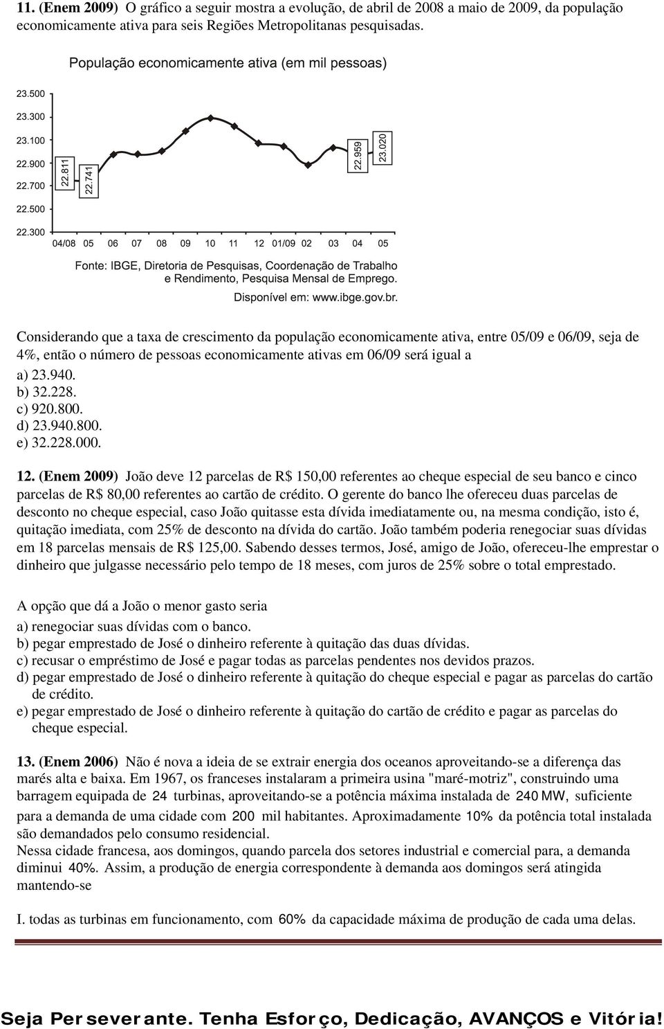 c) 920.800. d) 23.940.800. e) 32.228.000. 12. (Enem 2009) João deve 12 parcelas de R$ 150,00 referentes ao cheque especial de seu banco e cinco parcelas de R$ 80,00 referentes ao cartão de crédito.