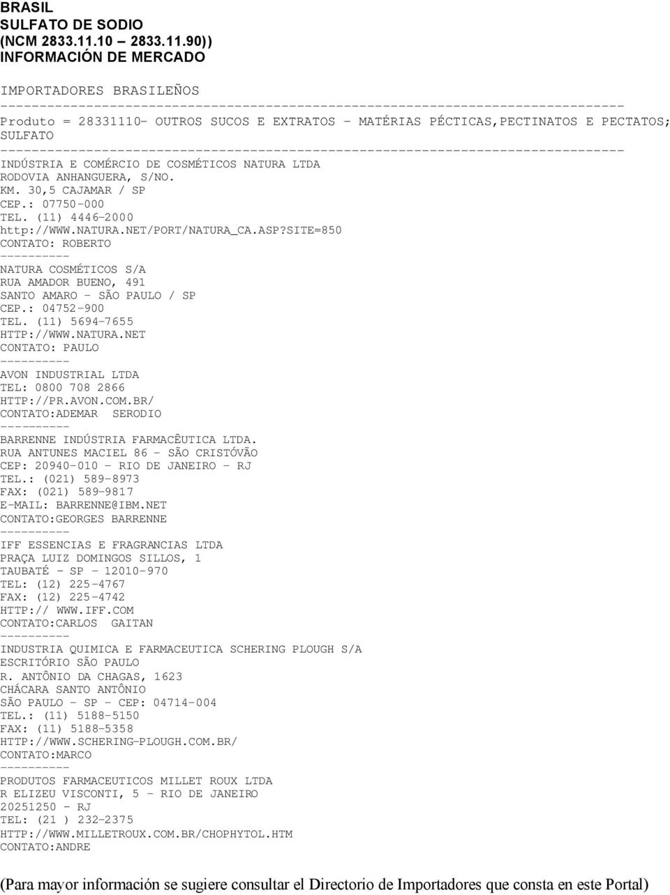 90)) INFORMACIÓN DE MERCADO IMPORTADORES BRASILEÑOS Produto = 28331110- OUTROS SUCOS E EXTRATOS - MATÉRIAS PÉCTICAS,PECTINATOS E PECTATOS; SULFATO INDÚSTRIA E COMÉRCIO DE COSMÉTICOS NATURA LTDA