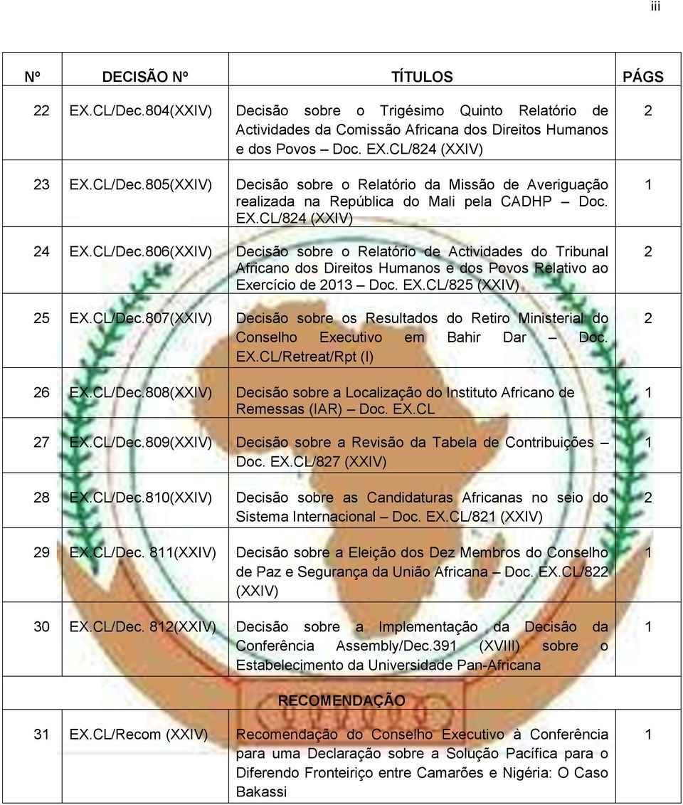 EX.CL/825 (XXIV) 25 EX.CL/Dec.807(XXIV) Decisão sobre os Resultados do Retiro Ministerial do Conselho Executivo em Bahir Dar Doc. EX.CL/Retreat/Rpt (I) 26 EX.CL/Dec.808(XXIV) Decisão sobre a Localização do Instituto Africano de Remessas (IAR) Doc.