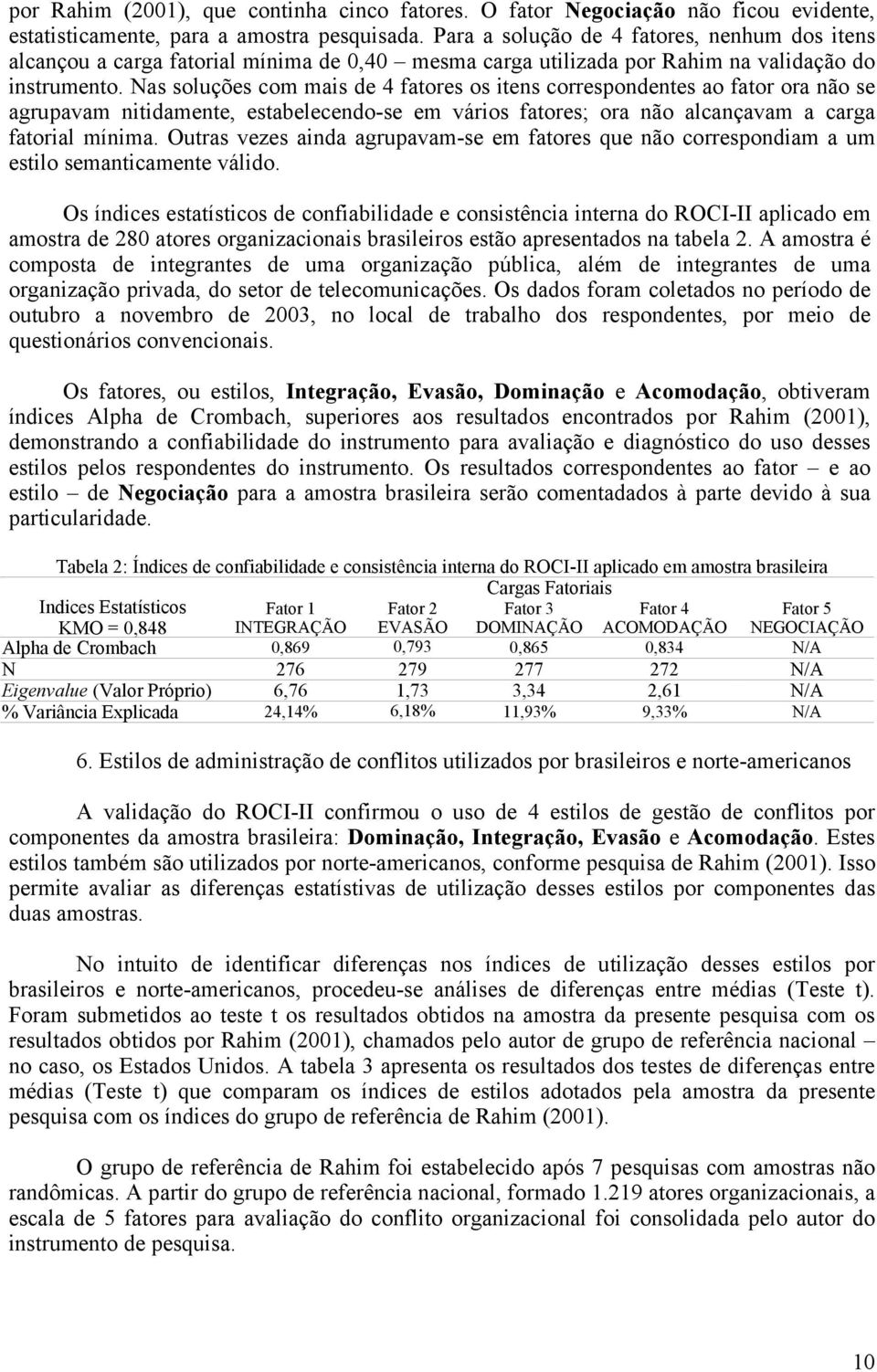 Nas soluções com mais de 4 fatores os itens correspondentes ao fator ora não se agrupavam nitidamente, estabelecendo-se em vários fatores; ora não alcançavam a carga fatorial mínima.