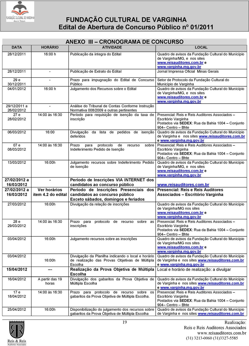 br 28/12/21 - Publicação de Extrato do Edital Jornal Imprensa Oficial Minas Gerais 29 e 30/12/21 - Prazo para impugnação do Edital de Concurso Público Setor de Protocolo da Fundação Cultural do