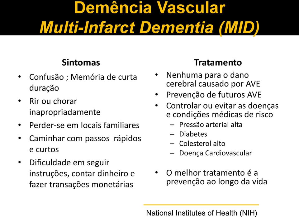 Tratamento Nenhuma para o dano cerebral causado por AVE Prevenção de futuros AVE Controlar ou evitar as doenças e condições médicas de risco