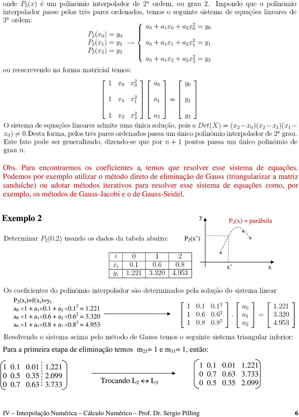 sistema de equações como, por eemplo, os métodos de Gauss-Jacobi e o de Gauss-Seidel. Eemplo y P = parábola P P i = i =y i a + a. + a. =. a + a.6 + a.