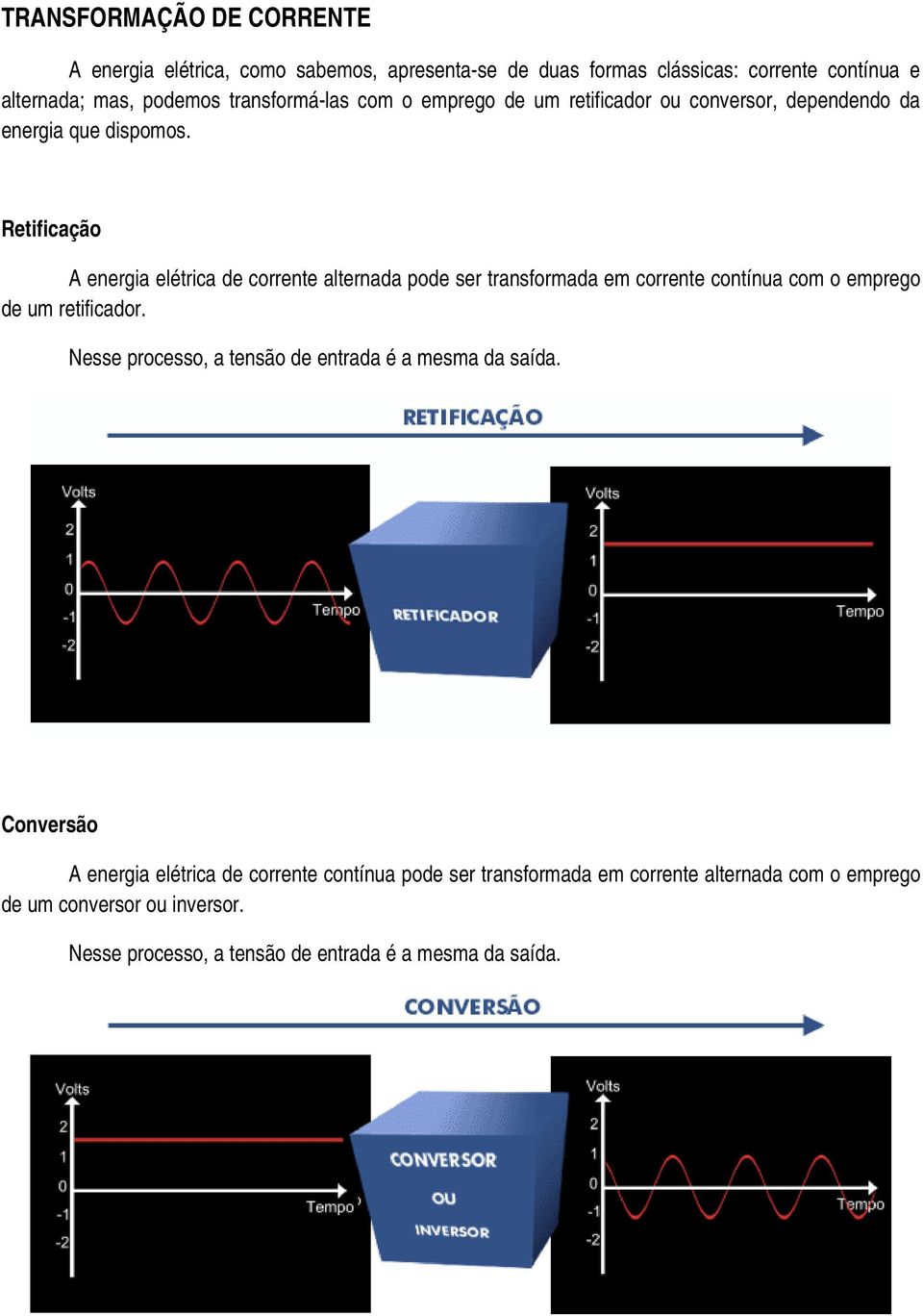 Retificação A energia elétrica de corrente alternada pode ser transformada em corrente contínua com o emprego de um retificador.