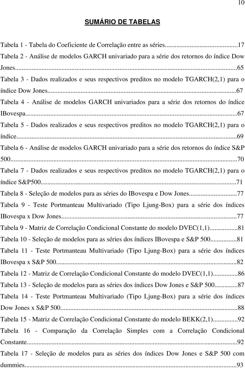 ..67 Tabela 5 - Dados realizados e seus respecivos predios no modelo TGARCH(,) para o índice...69 Tabela 6 - Análise de modelos GARCH univariado para a série dos reornos do índice S&P 500.