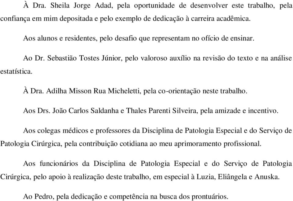 Adilha Misson Rua Micheletti, pela co-orientação neste trabalho. Aos Drs. João Carlos Saldanha e Thales Parenti Silveira, pela amizade e incentivo.